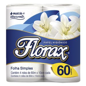 Papel Higiênico Florax Branco Folha Simples 60 Metros Com 4 Rolos