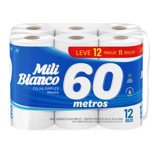 Papel Higiênico Mili Bianco Folha Simples Neutro 60 Metros Com 12 Rolos