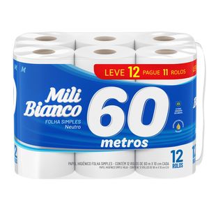 Papel Higiênico Mili Bianco Folha Simples Neutro Com 12 Rolos 60 Metros