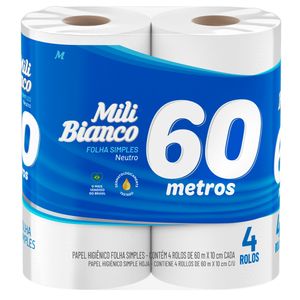 Papel Higiênico Mili Bianco 60 Metros Neutro Com 4 Rolos