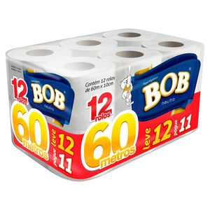 Papel Higiênico Bob Neutro Folha Simples Leve 12 Rolos Pague 11 Rolos 60 Metros