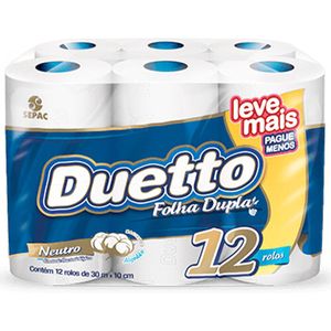 Papel Higiênico Duetto Neutro Folha Dupla Leve+Pague- Com 12 Rolos 30 Metros