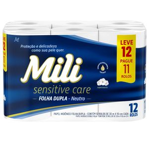 Papel Higiênico Mili Neutro 30 Metros Folha Dupla Sensitive Care Leve 12 Pague 11