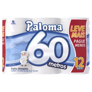 Papel Higiênico Paloma 60 Metros Leve+Pague- Neutro Com 12 Rolos