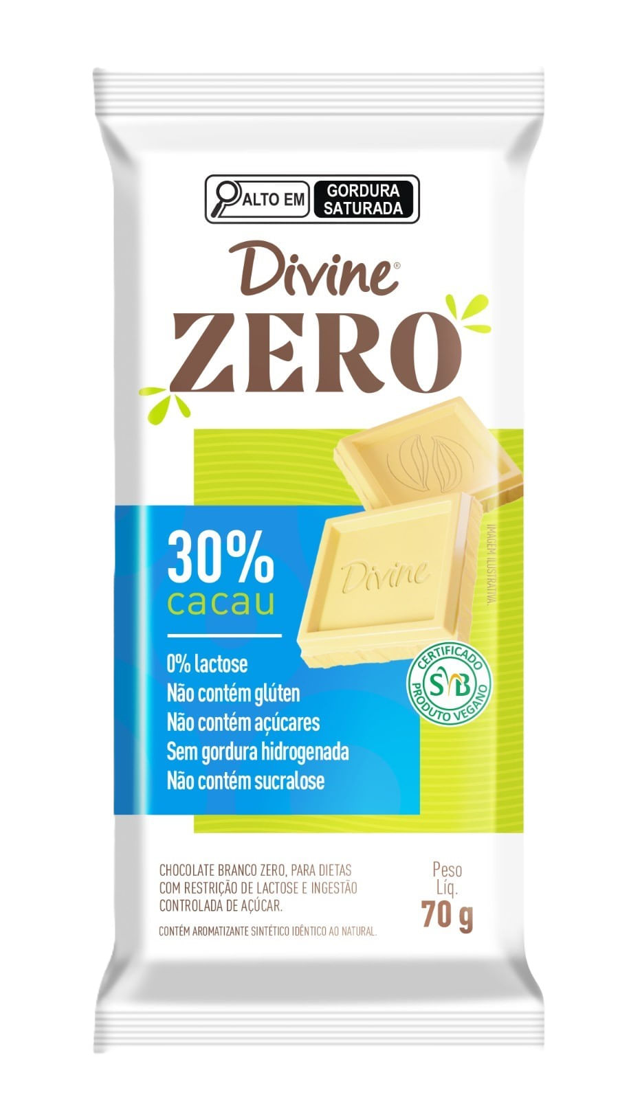 Chocolate Divine 30% Cacau Zero Lactose Branco 70g