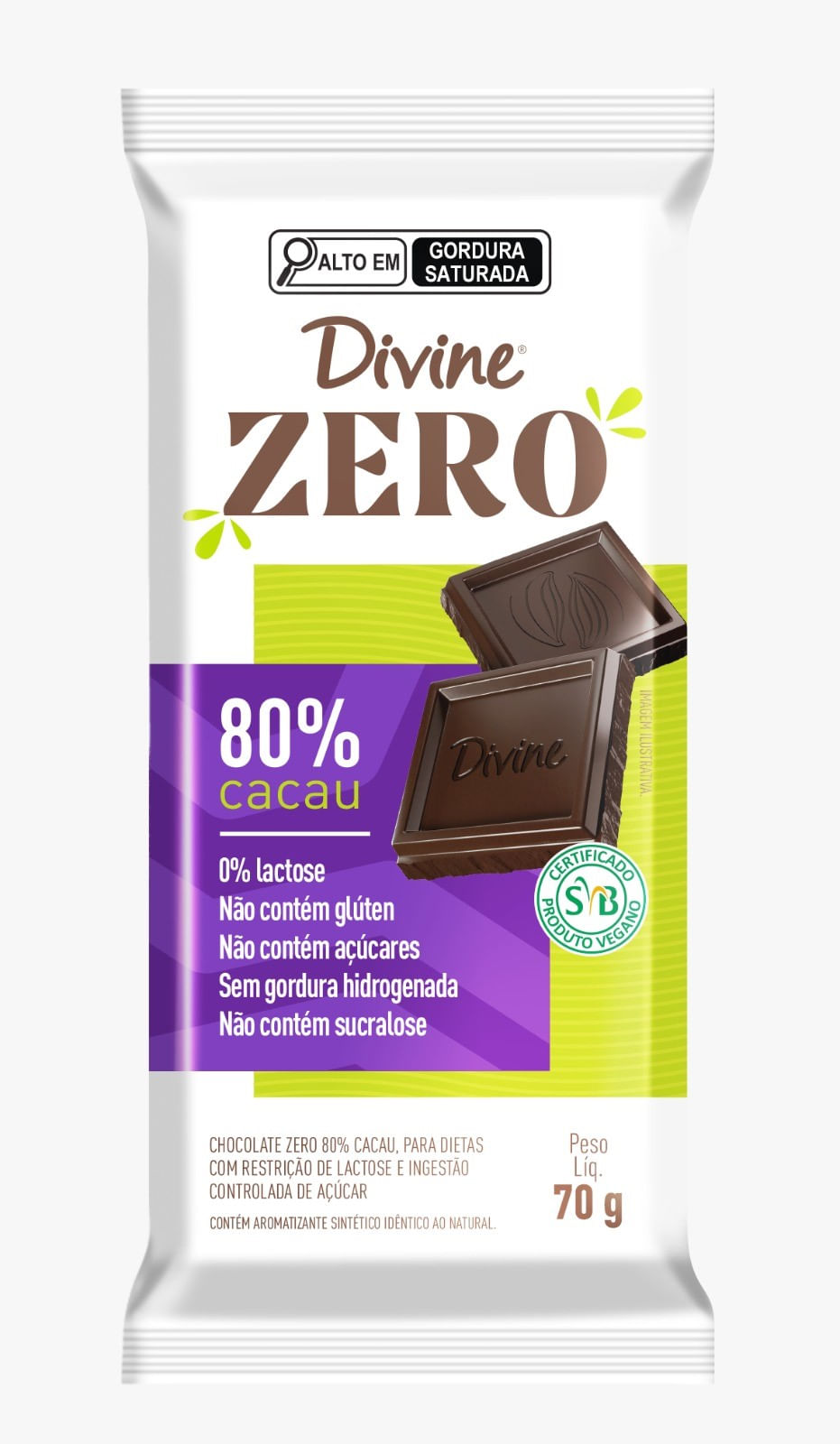 Chocolate Divine 80% Cacau Zero Lactose 70g