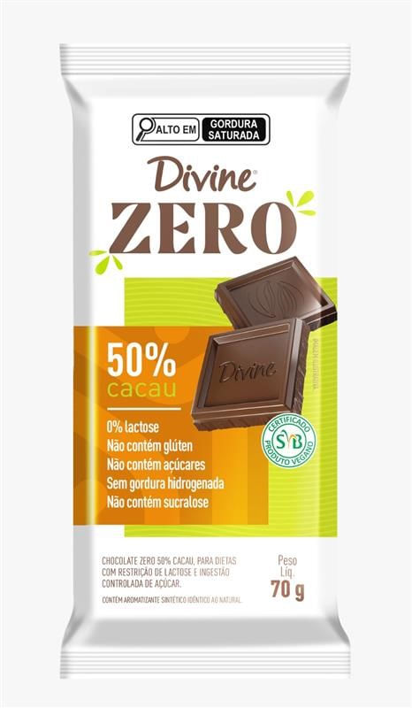CHOCOLATE DIVINE 50% CACAU ZERO LACTOSE 70G - Treichel Delivery