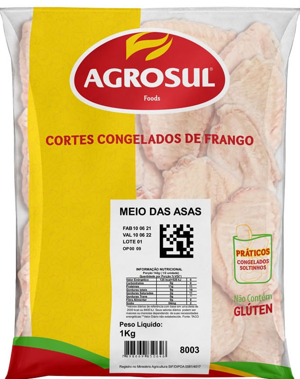 Meio Da Asa De Frango Agrosul Iqf Congelado 1kg